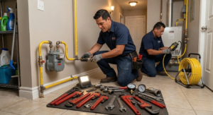 Miami Swift Plumbing technicians servicing a gas line water heater connection