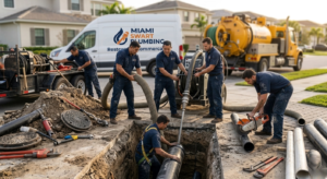 Miami Swift Plumbing crew performing trenchless sewer line repair