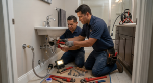Miami Swift Plumbing technicians repairing a bathroom sink faucet