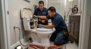 Miami Swift Plumbing technicians installing a toilet in a Miami bathroom