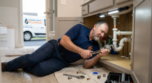 Miami Swift Plumbing technician using a pipe wrench under a bathroom sink