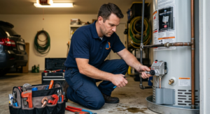 Miami Swift Plumbing technician repairing a gas water heater in a Miami garage