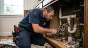 Miami Swift Plumbing technician repairing copper pipe fittings under a sink