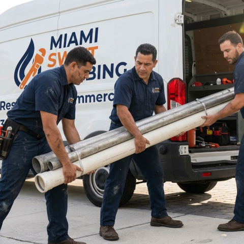Miami Swift Plumbing technicians unloading replacement pipe from their service van