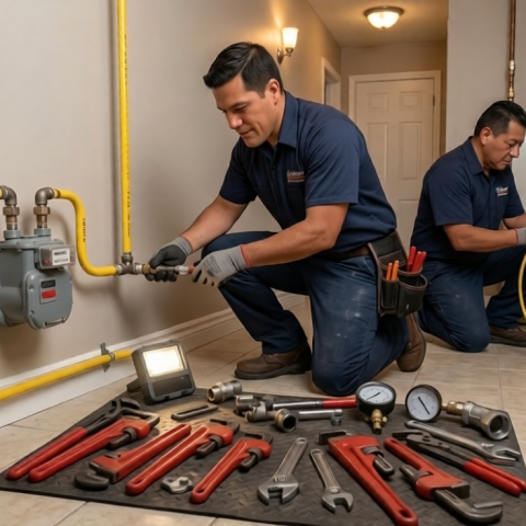 Miami Swift Plumbing technicians servicing a gas line water heater connection