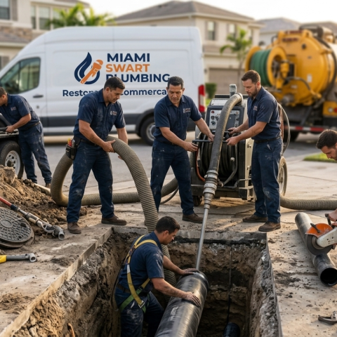 Miami Swift Plumbing crew performing trenchless sewer line repair