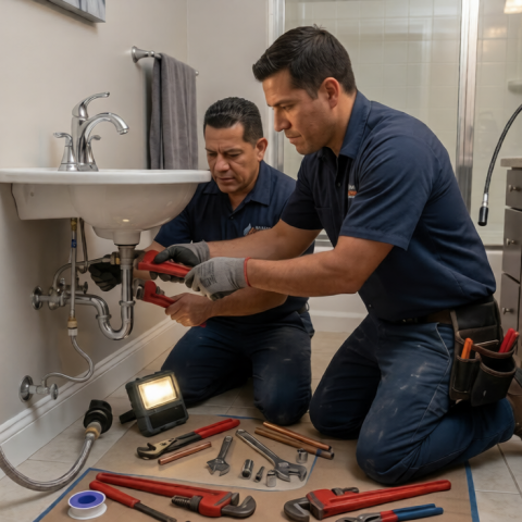 Miami Swift Plumbing technicians repairing a bathroom sink faucet
