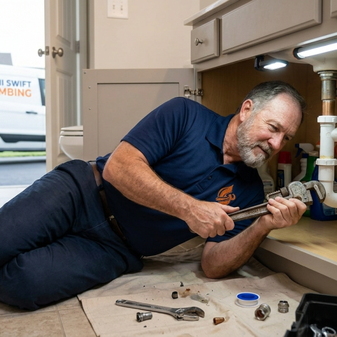 Miami Swift Plumbing technician repairing pipes under a bathroom sink