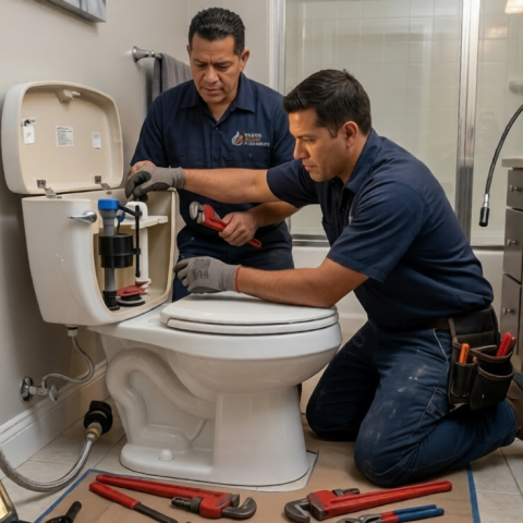 Miami Swift Plumbing technicians installing a toilet in a Miami bathroom