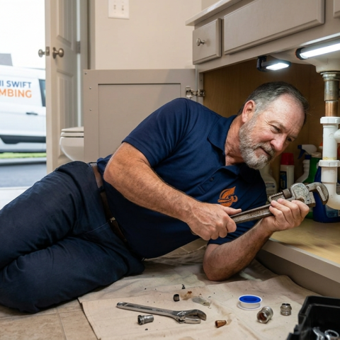 Miami Swift Plumbing technician using a pipe wrench under a bathroom sink